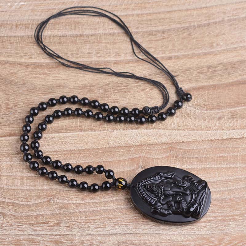 Buddha Stones Collana con amuleto della ricchezza dell'elefante Ganesh Ganpati in ossidiana tibetana - image 9