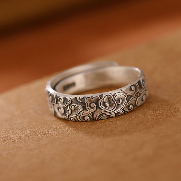 Anello di illuminazione inciso con Buddha Stones in argento sterling 999, fiore di loto, fiore di prugna, nuvole di buon auspicio - image 10