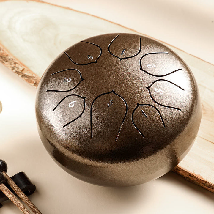 Buddha Stones Steel Tongue Drum Sound Healing Meditazione Lotus Pattern Drum Kit 8 Note Strumento a percussione da 6 pollici