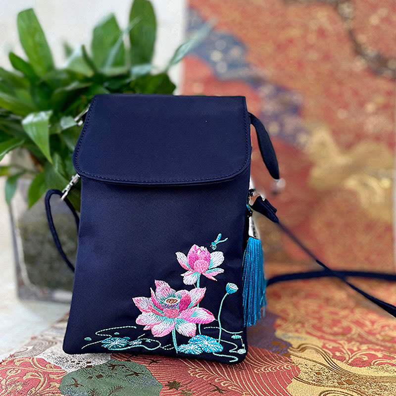 Borsa a tracolla con fiori di loto ricamati a mano, impermeabile , Buddha Stones , borsa per cellulare
