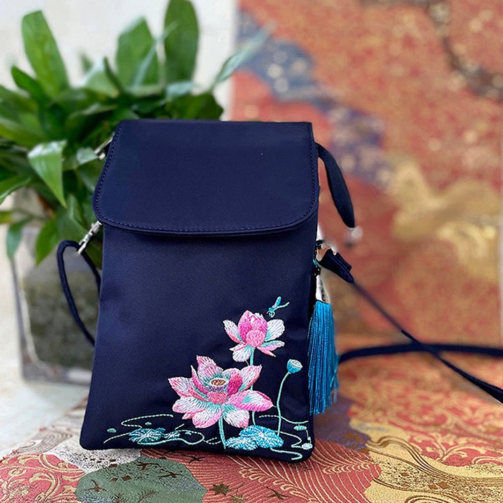 Borsa a tracolla con fiori di loto ricamati a mano, impermeabile , Buddha Stones , borsa per cellulare