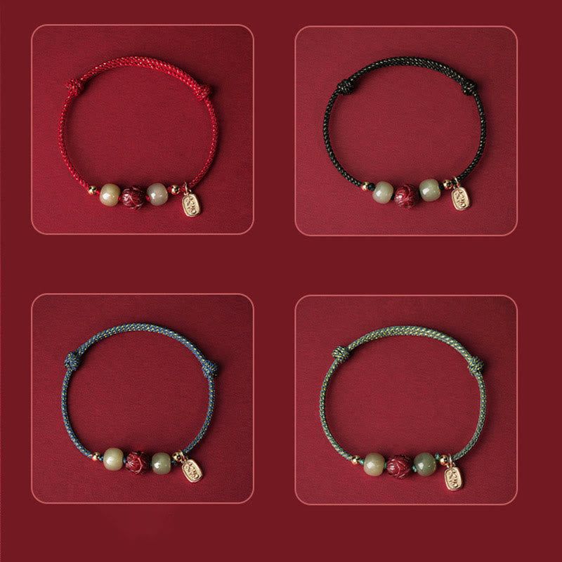 Braccialetto di corda artigianale Buddha Stones in giada Hetian placcato oro 14K, cinabro e loto portafortuna - image 14