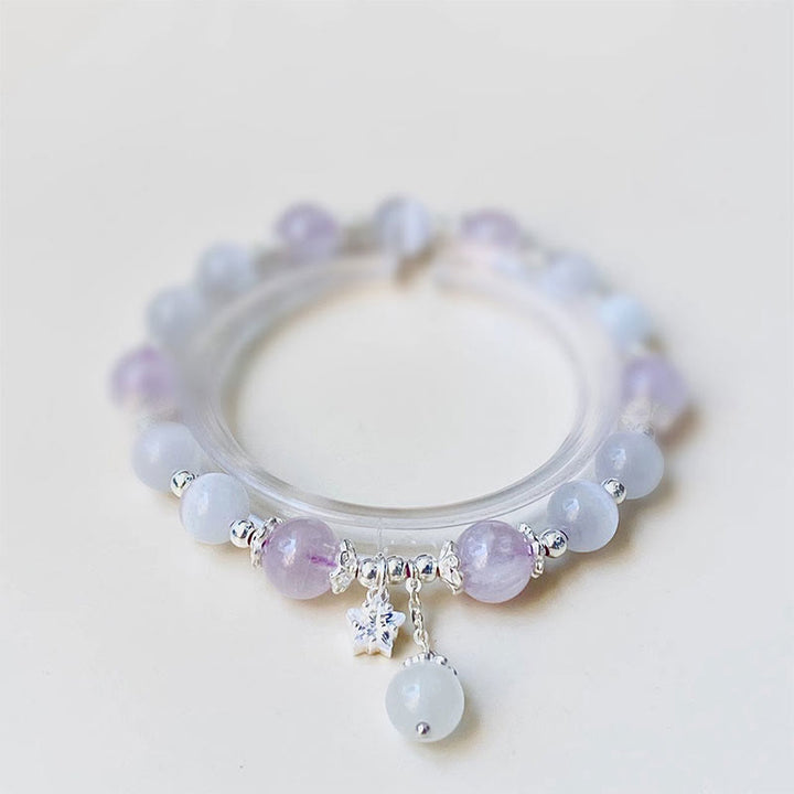 Braccialetto di consapevolezza spirituale con stella in argento sterling 925, ametista naturale e occhio di gatto , Buddha Stones - Bracciale in argento sterling 925 con ametista e occhio di gatto (circonferenza del polso 14-16 cm) - image 0