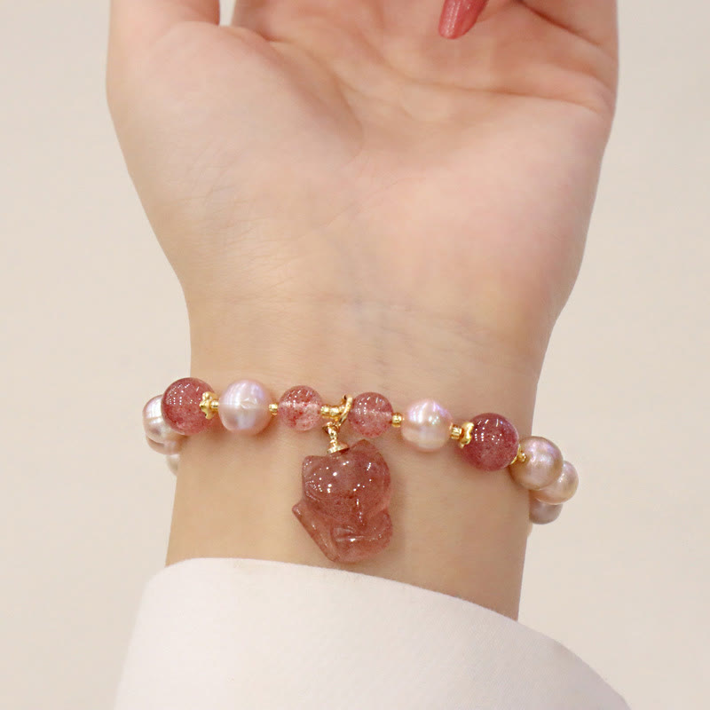 Braccialetto con ciondolo guarigione amore volpe carina perla naturale quarzo fragola Buddha Stones
