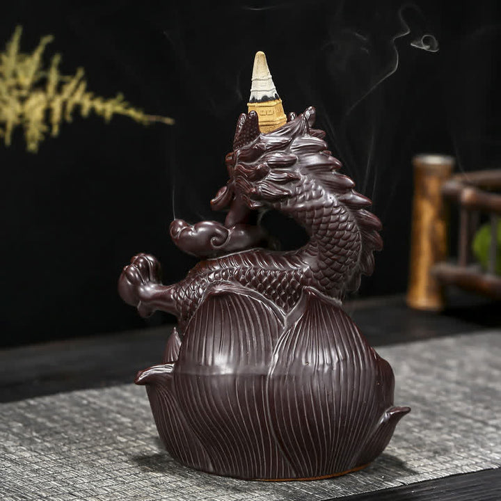 Bruciatore di incenso in ceramica con motivo a loto di drago, protezione e forza, decorazione
