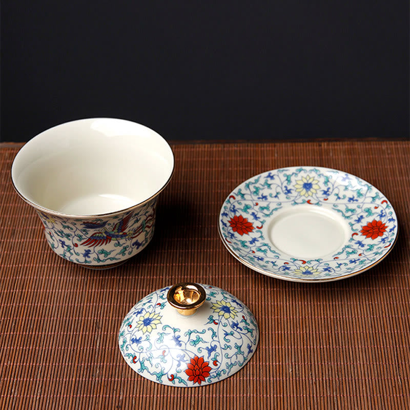 Buddha Stones Retro Prugna Fiore Pino Bambù Fenice Kirin Ceramica Gaiwan Sancai Tazza da tè Kung Fu Tazza da tè e piattino con coperchio