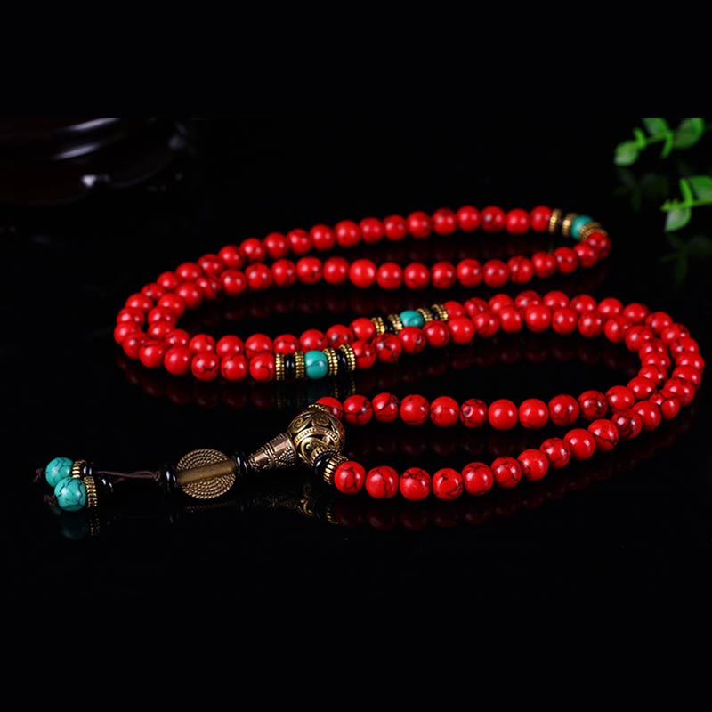 Buddha Stones Mala Tibetano Turchese Rosso Collana Fortunata Bracciale - image 2