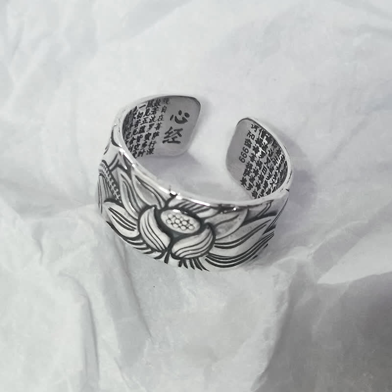 Anello di protezione del sutra del cuore con simbolo del loto in argento sterling 999 Buddha Stones - image 4