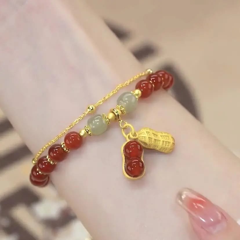 Braccialetto di perline con carattere Fu , Buddha Stones di giada, foglia di ginkgo, tulipano, arachidi e fortuna - image 21