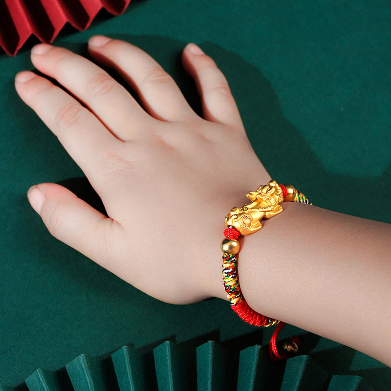 Buddha Stones per bambini in argento sterling 999 PiXiu Wealth King Kong Knot String Braided Kids - Argento Sterling 999 PiXiu dorato - Corda colorata (misura braccialetto 12+4 cm) - image 1