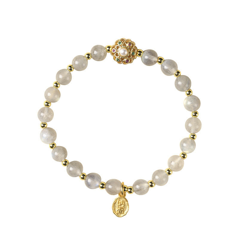 Bracciale con ciondolo positivo Fu Character Buddha Stones placcato oro 14K, quarzo fragola naturale Labradorite Sun Stone