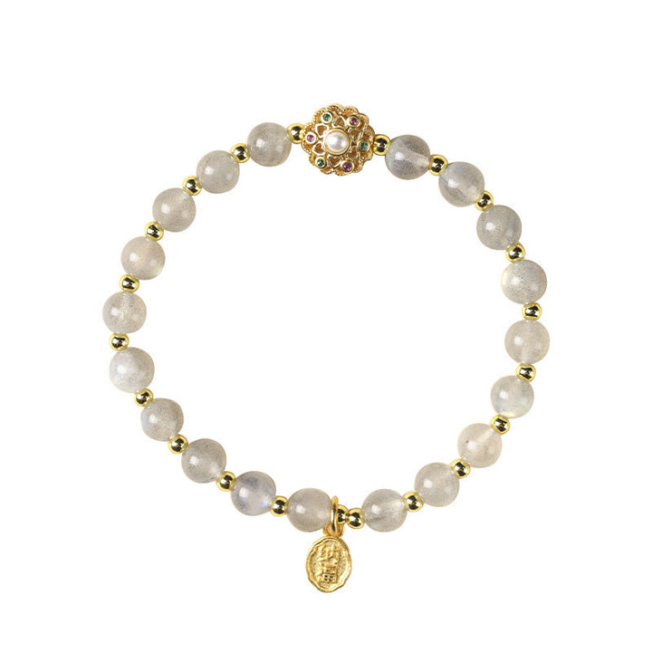 Bracciale con ciondolo positivo Fu Character Buddha Stones placcato oro 14K, quarzo fragola naturale Labradorite Sun Stone