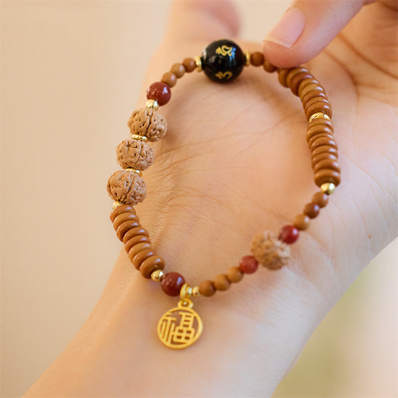 Buddha Stones Semi di Bodhi Tibetano Onice Nero Quarzo Fumé Om Mani Padme Hum Fu Carattere Bracciale Ricchezza
