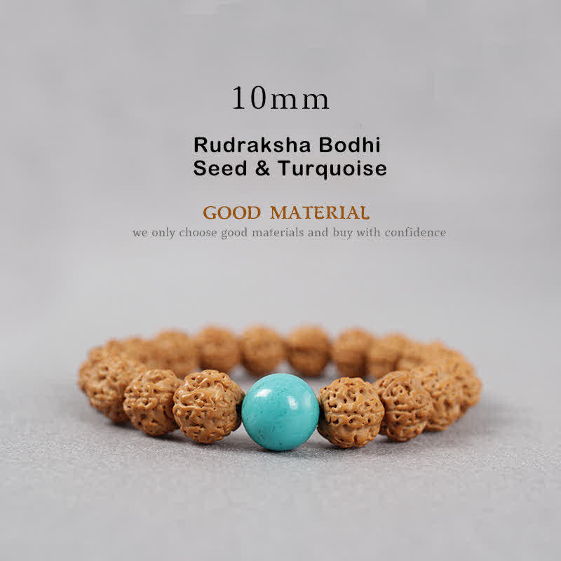 Buddha Stones Tibet Rudraksha Bodhi Seed Dzi Bead Ambra Turchese Bracciale della Ricchezza - 10 mm - Seme di Rudraksha Bodhi e turchese - image 13