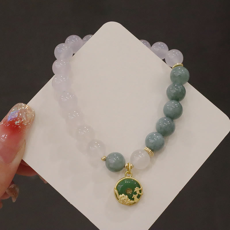 Braccialetto di protezione con fibbia della pace, fiore di loto, agata bianca e giada Buddha Stones