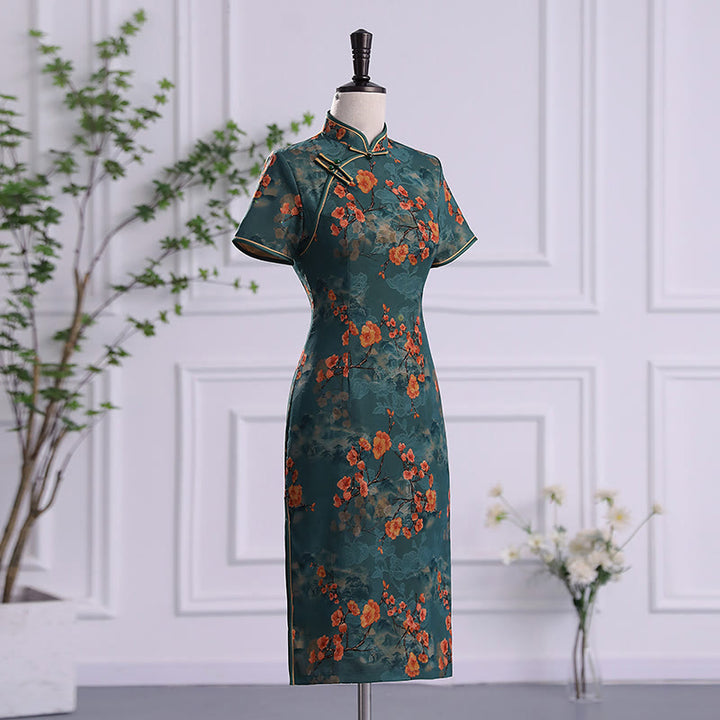 Abito da donna in cheongsam con stampa di piume di peonia e fiori di loto retrò Buddha Stones - image 1