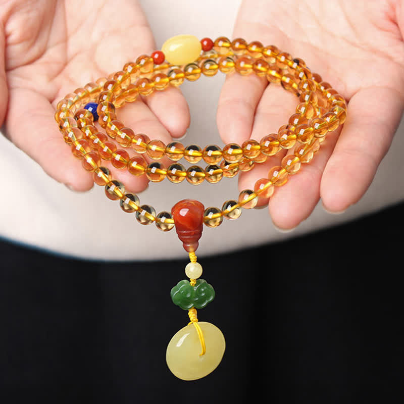 Braccialetto con ciondolo di protezione PiXiu, 108 perle di Mala, ambra citrino naturale, fibbia della pace, agata rossa - image 4