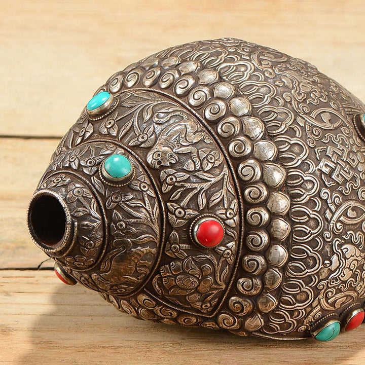 Tibetano fatto a mano naturale Shankha inciso otto simboli di buon auspicio conchiglia fortunata decorazione per la casa - image 5