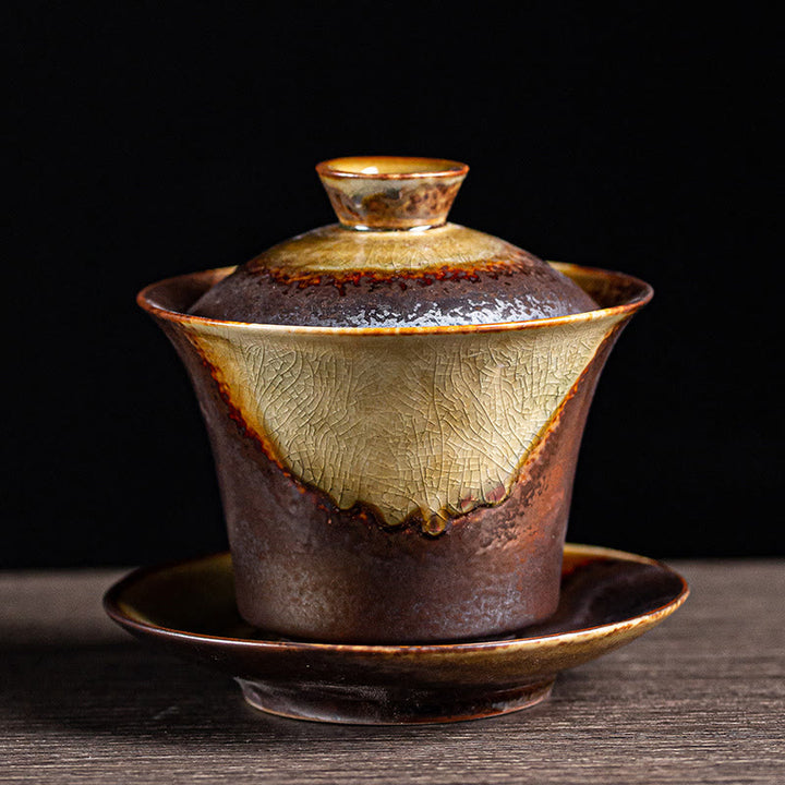 Buddha Stones Vintage Brown Kiln Change Design Porcellana Ceramica Gaiwan Sancai Tazza da tè Kung Fu Tazza da tè e piattino con coperchio