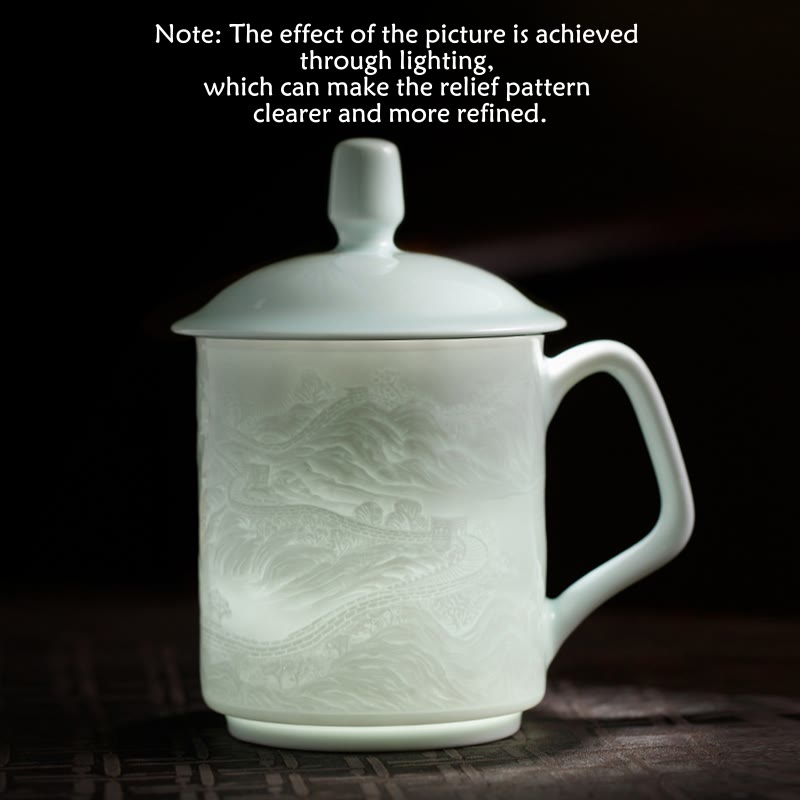 Buddha Stones Jingdezhen porcellana bianca fatta a mano Grande Muraglia Paesaggio Tazza da tè in ceramica incisa Tazza da ufficio Tazze da tè