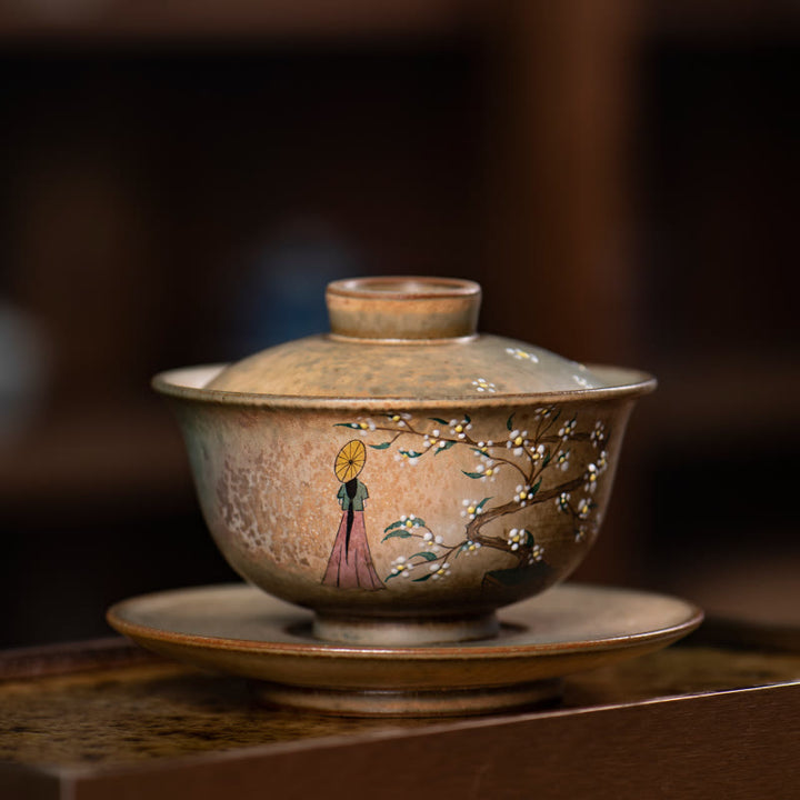 Buddha Stones Jingdezhen dipinte a mano Ru Kiln porcellana Hanfu ragazza fiore ceramica Gaiwan Sancai tazza da tè Kung Fu tazza da tè e piattino con coperchio