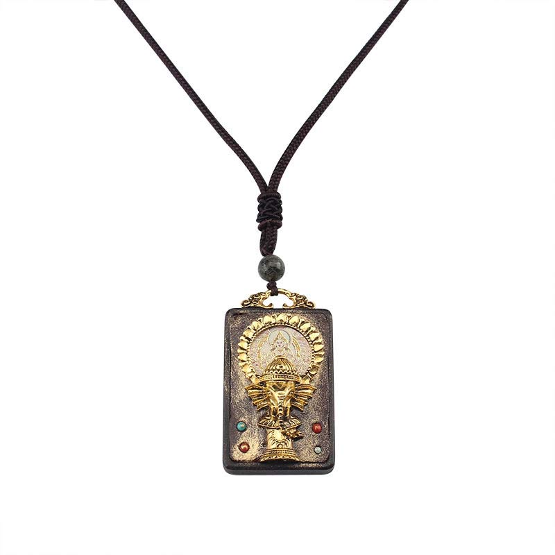 Collana con ciondolo a forma di corda con elefante in legno di ebano e dio della fortuna del Buddha - image 13