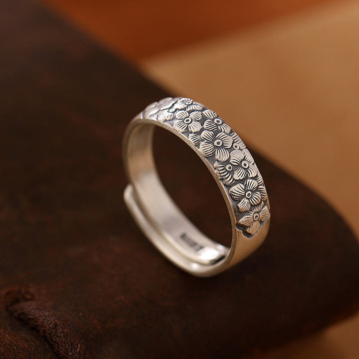 Anello di illuminazione inciso con Buddha Stones in argento sterling 999, fiore di loto, fiore di prugna, nuvole di buon auspicio - Fiore di prugna - image 4