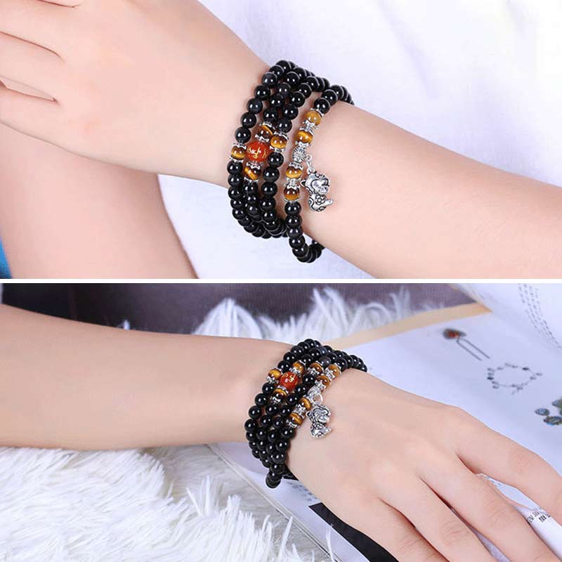 Bracciale Mala della Fortuna con 108 Perle dello Zodiaco Cinese e Occhio di Tigre in Ossidiana Nera