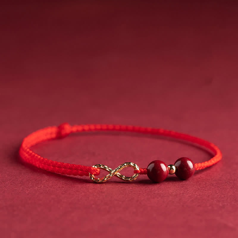 Braccialetto alla cavigliera con simbolo dell'infinito dorato e cordino rosso con Buddha Stones e cinabro. - Rosso - Cavigliera (circonferenza della cavigliera 16-26 cm) - image 9