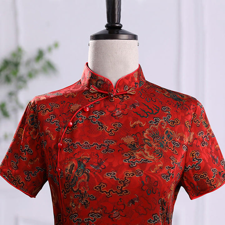 Abito da donna in cheongsam con stampa di foglie e nuvole di buon Buddha Stones vintage, abito da donna in qipao - image 11