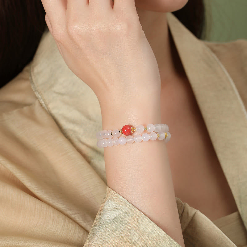 Braccialetto di protezione a doppio giro Buddha Stones in argento sterling 925 con agata bianca naturale e cinabro - image 2