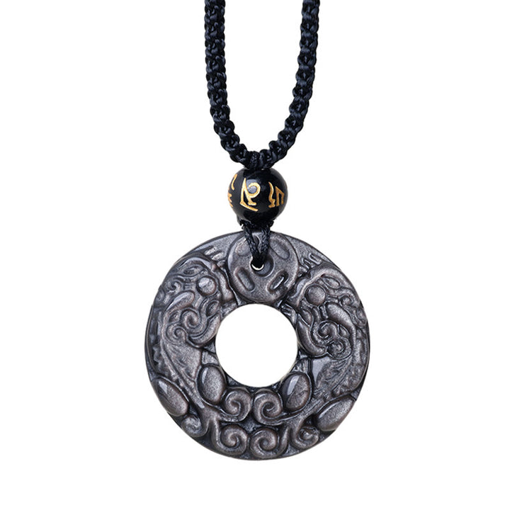 Buddha Stones con ciondolo con fibbia della pace in argento naturale lucido ossidiana doppia PiXiu moneta di rame - image 9