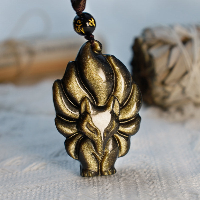 Buddha Stones Ossidiana naturale arcobaleno Oro lucentezza Ossidiana Volpe a nove code Collana pendente positivo - image 9