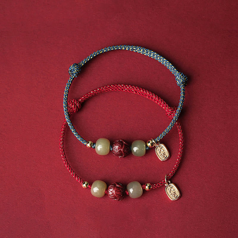 Braccialetto di corda artigianale Buddha Stones in giada Hetian placcato oro 14K, cinabro e loto portafortuna - image 2