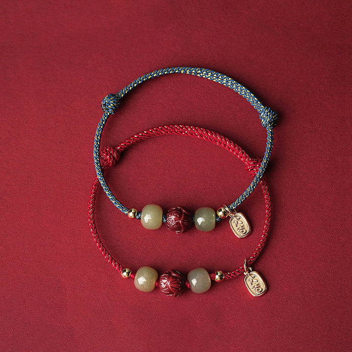 Braccialetto di corda artigianale Buddha Stones in giada Hetian placcato oro 14K, cinabro e loto portafortuna - image 2