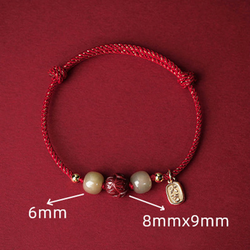 Braccialetto di corda artigianale Buddha Stones in giada Hetian placcato oro 14K, cinabro e loto portafortuna - image 4