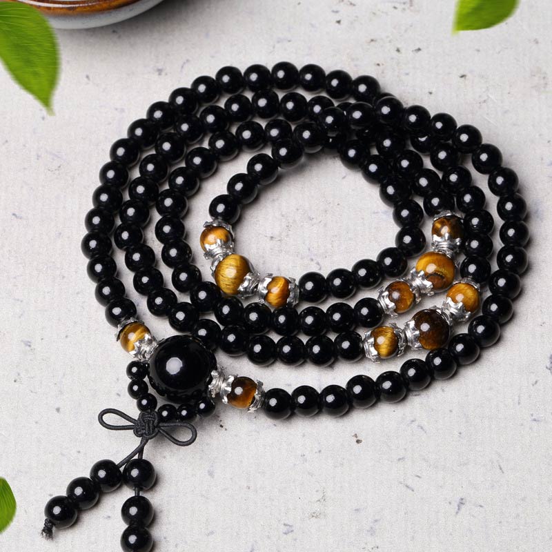 Buddha Stones Bracciale Mala con 108 perle in ossidiana nera naturale e occhio di tigre - image 5