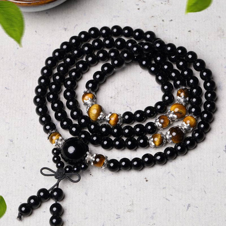 Buddha Stones Bracciale Mala con 108 perle in ossidiana nera naturale e occhio di tigre - image 5