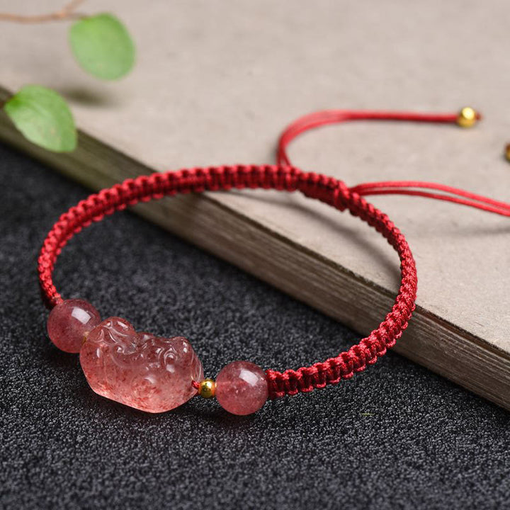 Braccialetto portafortuna rosso con corda PiXiu in quarzo fragola naturale Buddha Stones