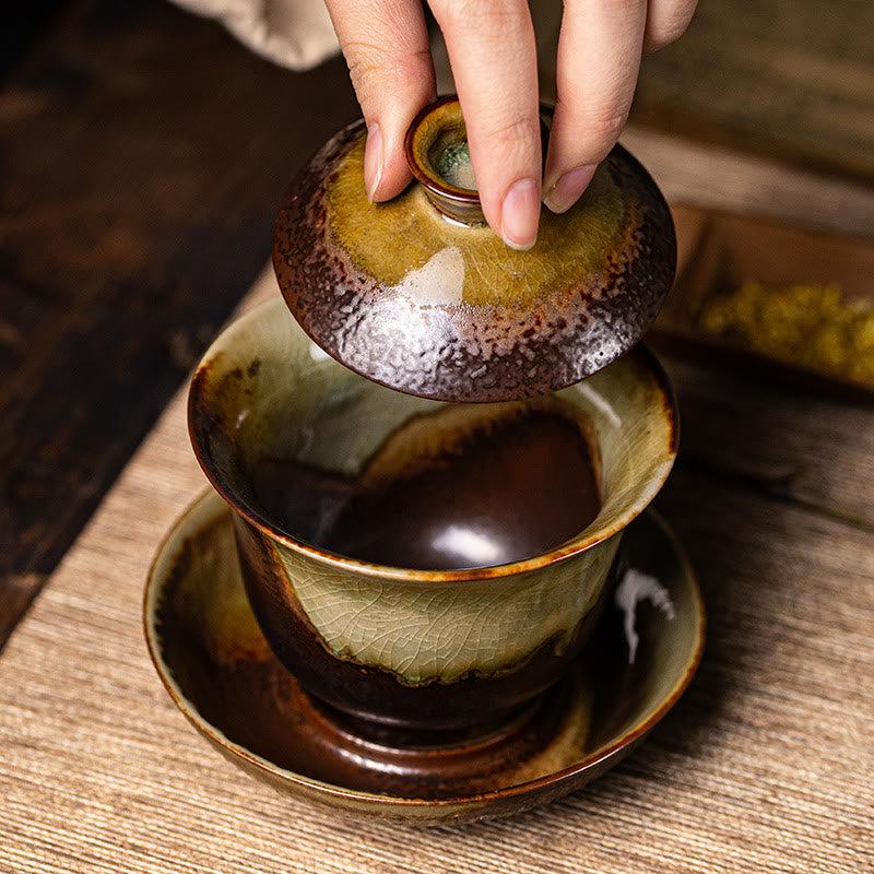 Buddha Stones Vintage Brown Kiln Change Design Porcellana Ceramica Gaiwan Sancai Tazza da tè Kung Fu Tazza da tè e piattino con coperchio