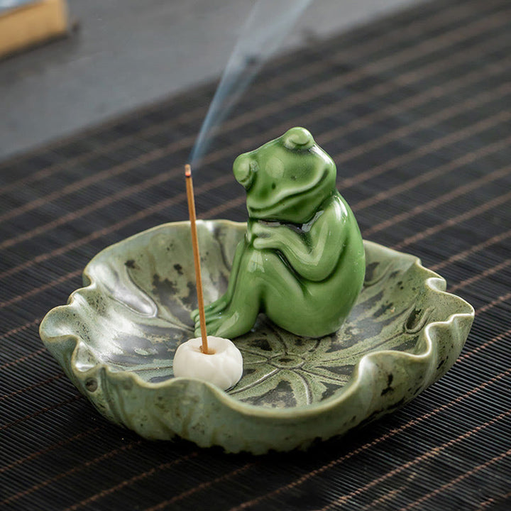 Buddha Stones Foglia Meditazione Rana Modello Guarigione Ceramica Bruciatore Incenso Decorazione