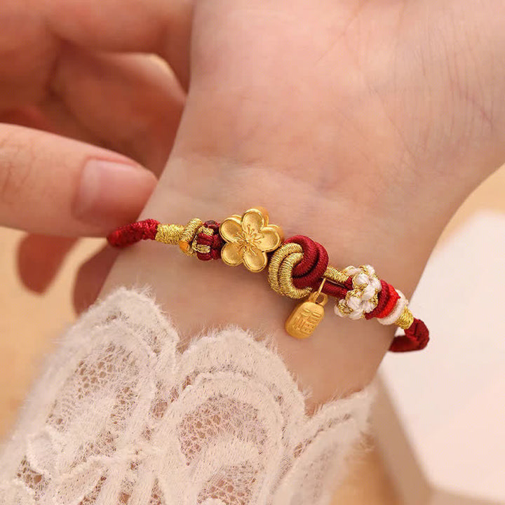 Braccialetto con corda rossa Buddha Stones, ciondolo felicità, fiori di pesco