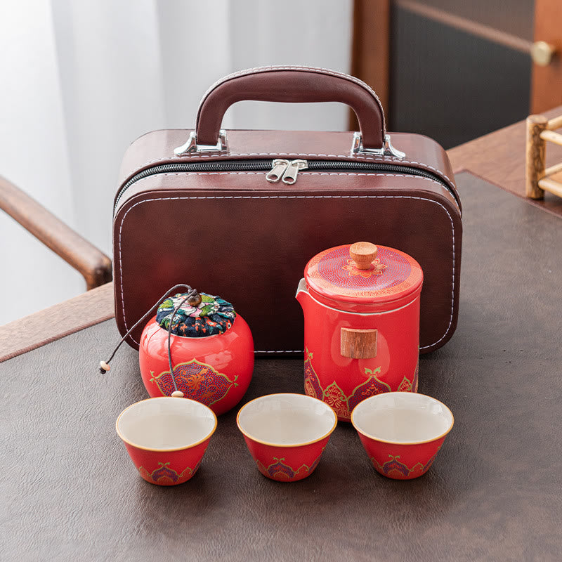 Buddha Stones Flower Chinese Gongfu Teiera in ceramica portatile Set da tè da viaggio all'aperto - Rosso - 1 teiera + 3 tazze + 1 borsa + 1 lattina di tè - image 25