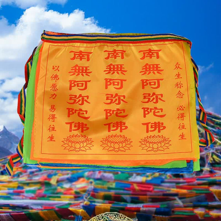 Buddha Stones Bandiera di preghiera tibetana a 7 colori con cavallo a vento e loto di buon auspicio per esterni, 21 pezzi. - image 5