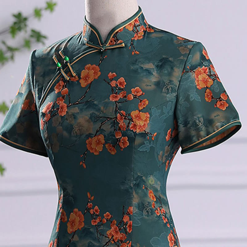 Abito da donna in cheongsam con stampa di piume di peonia e fiori di loto retrò Buddha Stones - image 6