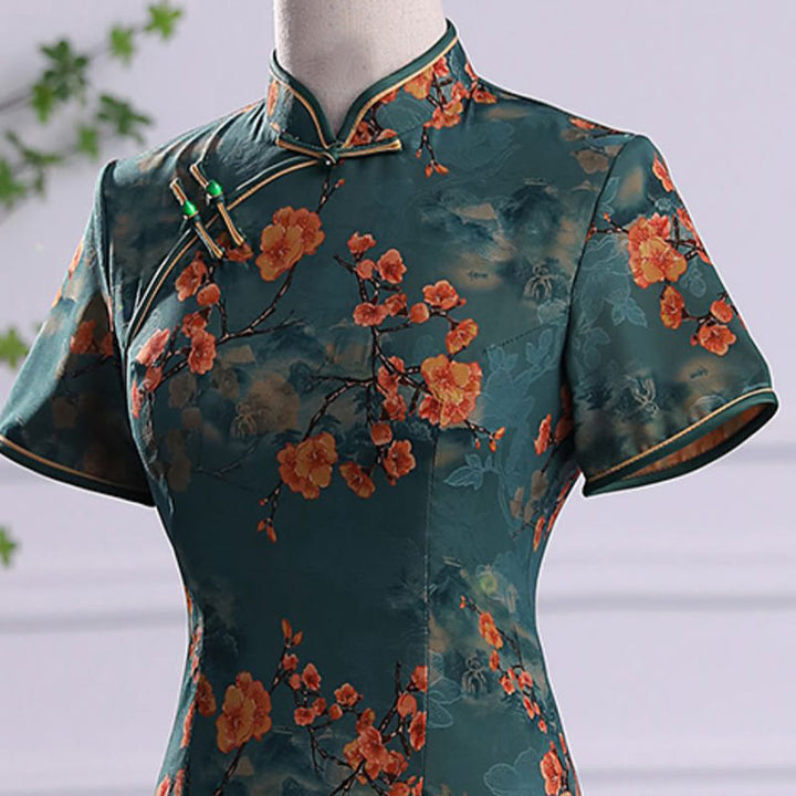Abito da donna in cheongsam con stampa di piume di peonia e fiori di loto retrò Buddha Stones - image 6