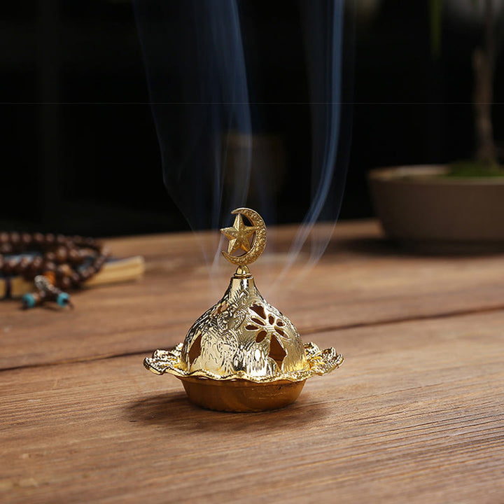 Bruciatore di incenso in lega di metallo con piuma a forma di stella di zucca dorata e meditazione spirituale