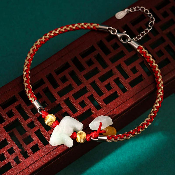 Buddha Stones Braccialetto/cavigliera con cordino rosso e giada dello zodiaco cinese, simbolo di prosperità. - Ox (Bracciale/Cavigliera, misura 19,5+4 cm) - image 5