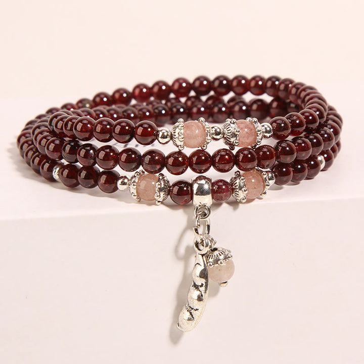 Braccialetto triplo giro con protezione PiXiu , Buddha Stones, granato naturale, quarzo fragola, fagiolini verdi
