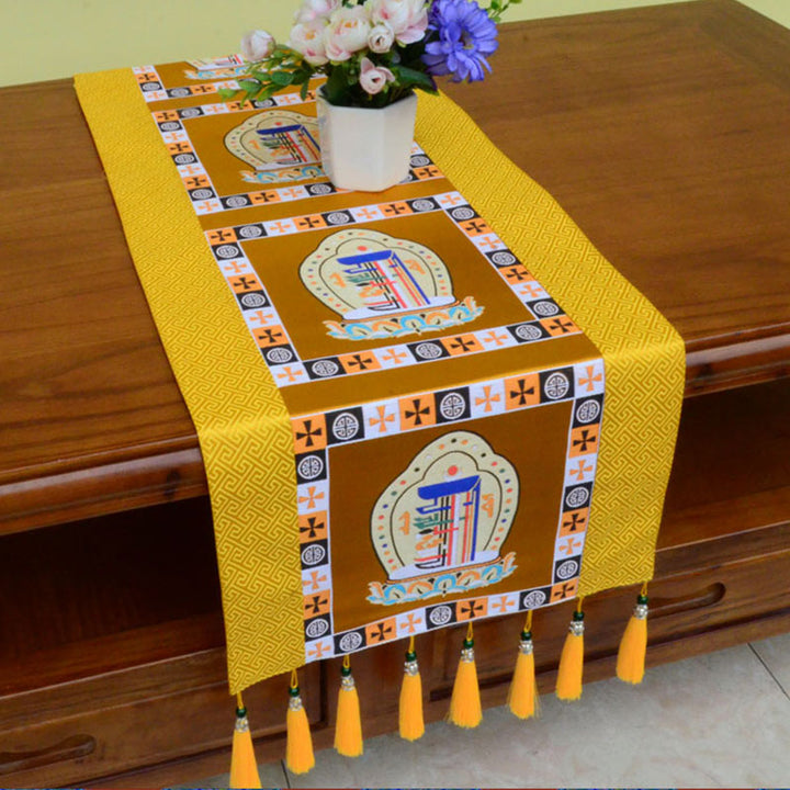 Buddha Stones Tappetino per l'altare della preghiera Man-Bcu Kalachakra Nodo infinito Vajra Simboli tibetani di buon auspicio Nappe Runner da tavolo